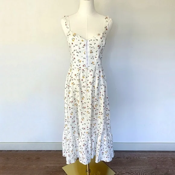 Reformation Dolci White Floral 100% Linen Midi Dress Sweetheart Neckline Size 6 - Picture 2 of 8